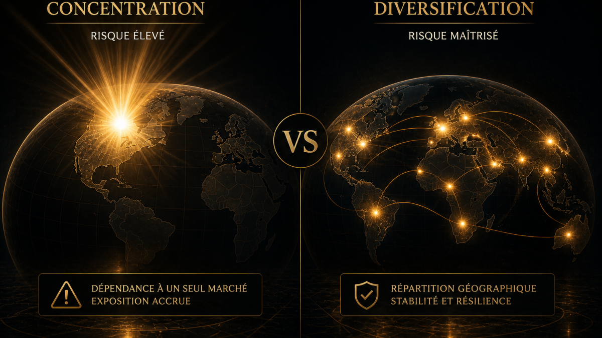 Illustration de la concentration du capital avec un point lumineux intense comparée à une diversification répartie sur plusieurs zones