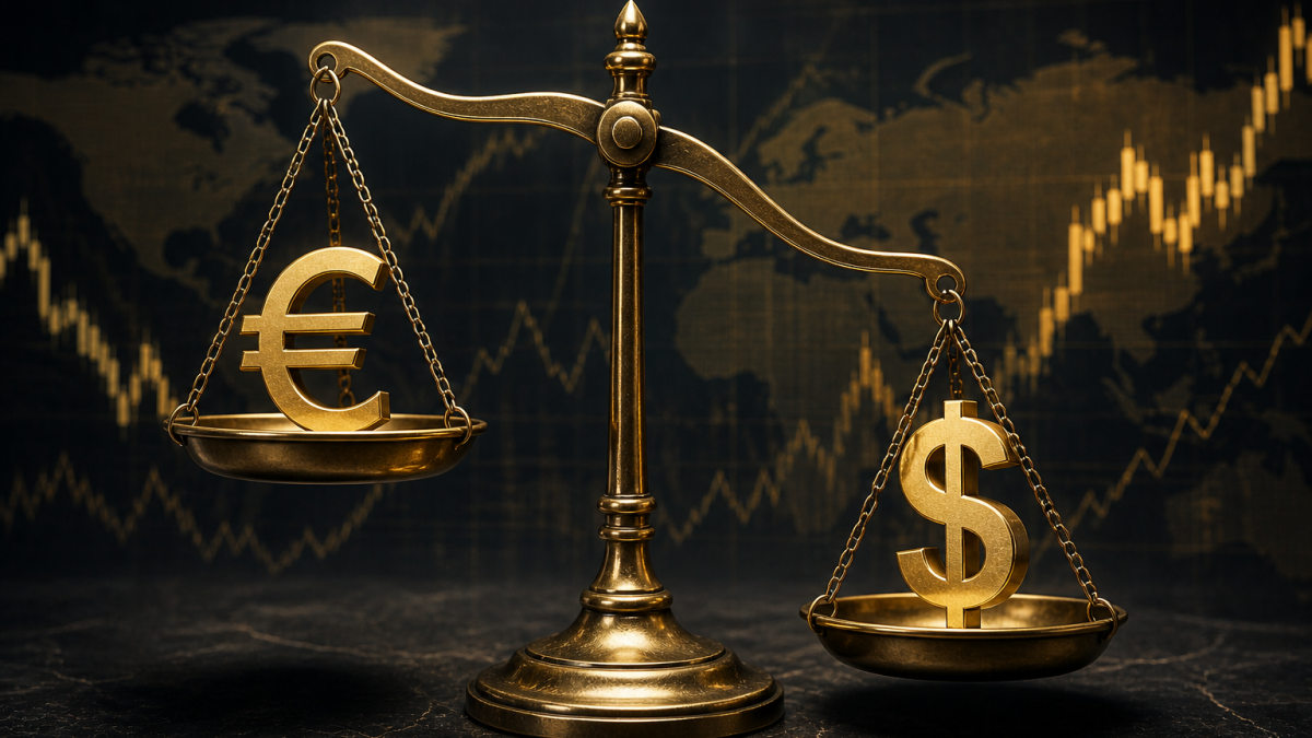 Balance instable entre euro et dollar illustrant le risque monétaire et les fluctuations de devises dans l’investissement international