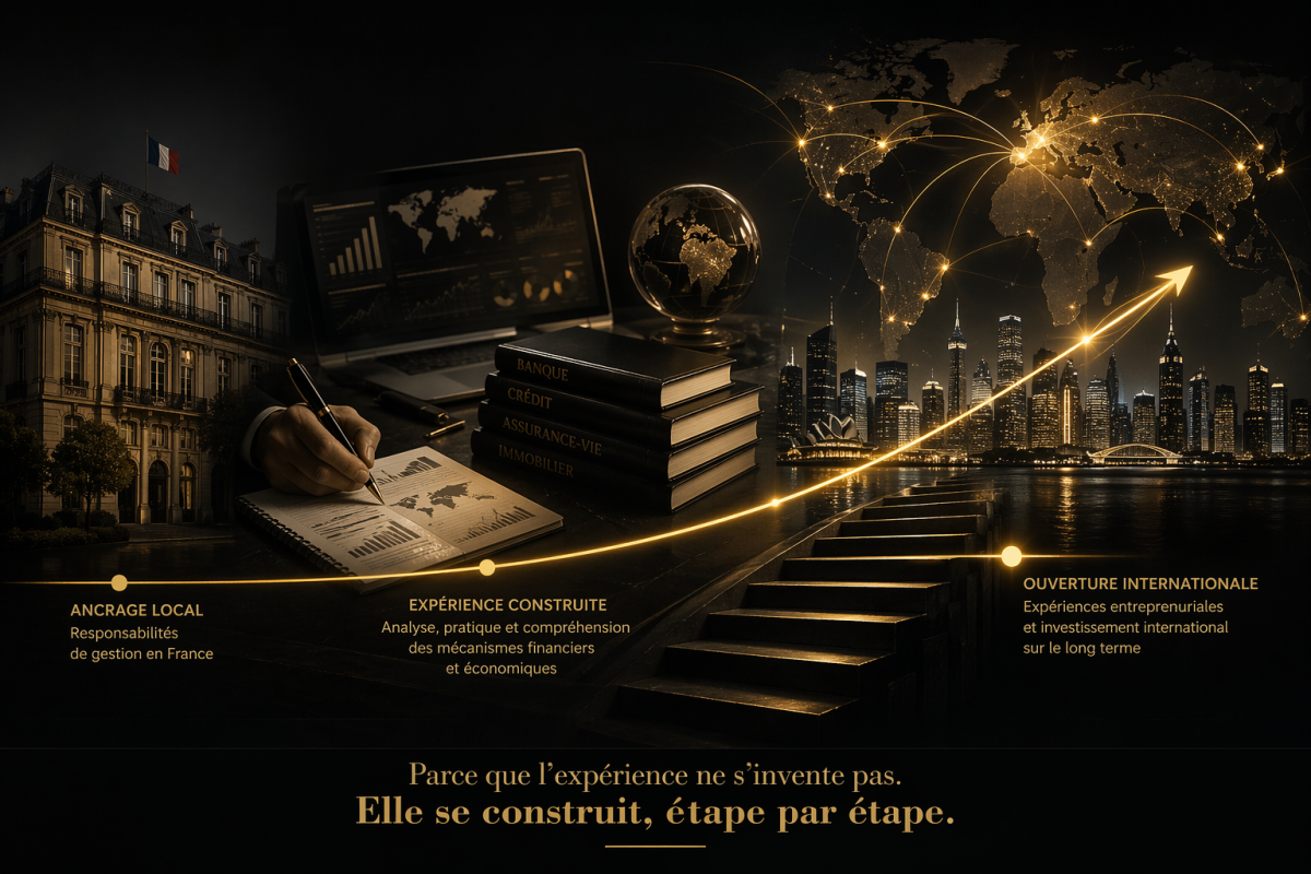 Parcours d’expérience en investissement international de Trust Capital Secure, illustrant l’ancrage en France, la construction de l’expérience financière et l’ouverture vers les marchés internationaux.